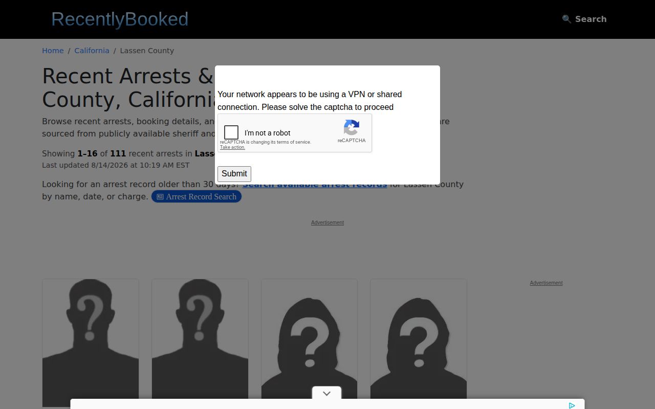 Unofficial RecentlyBooked Lassen County arrest index interface